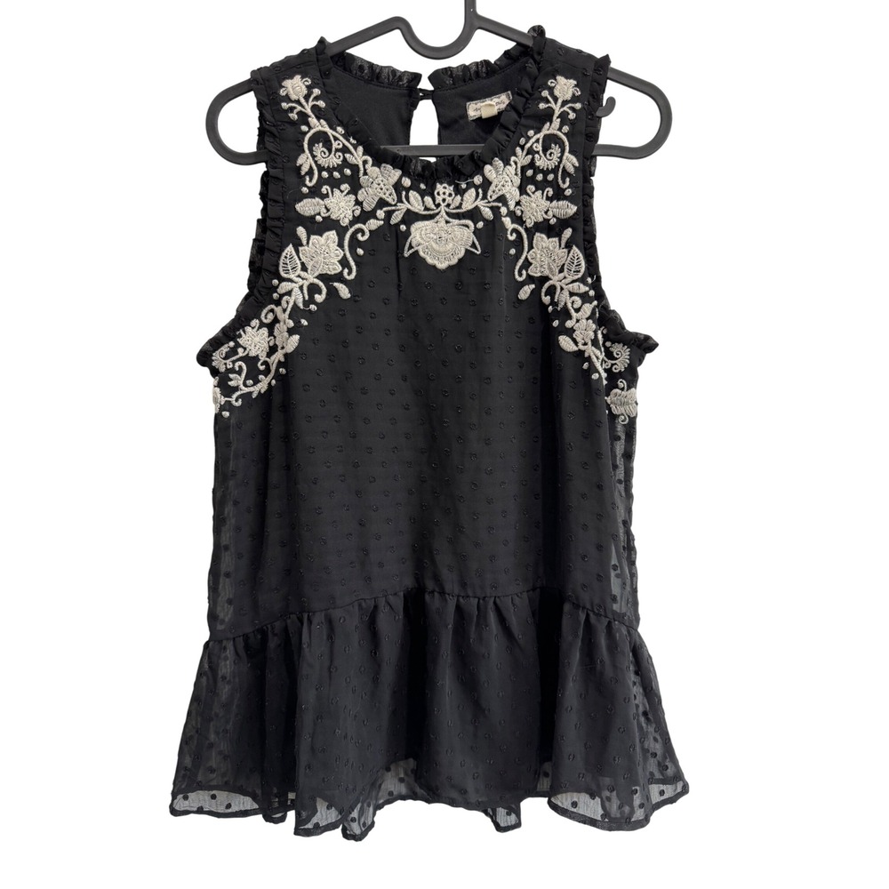 Eyeshadows Black Embroidered Sleeveless Top Ruffle Hem Women's‎ Medium